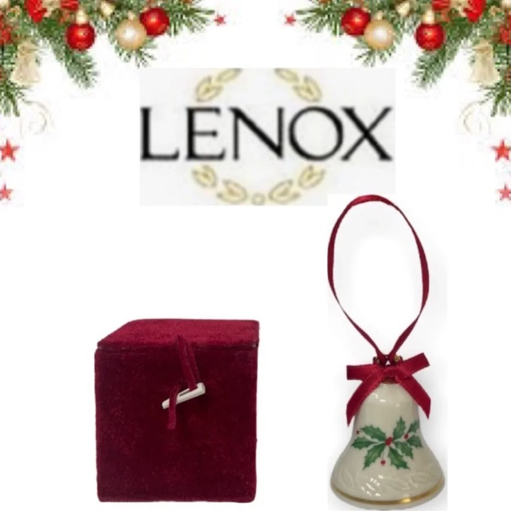Vintage Christmas Ornament Lenox Bell Gold Trim Holly & Berries In Velvet Box